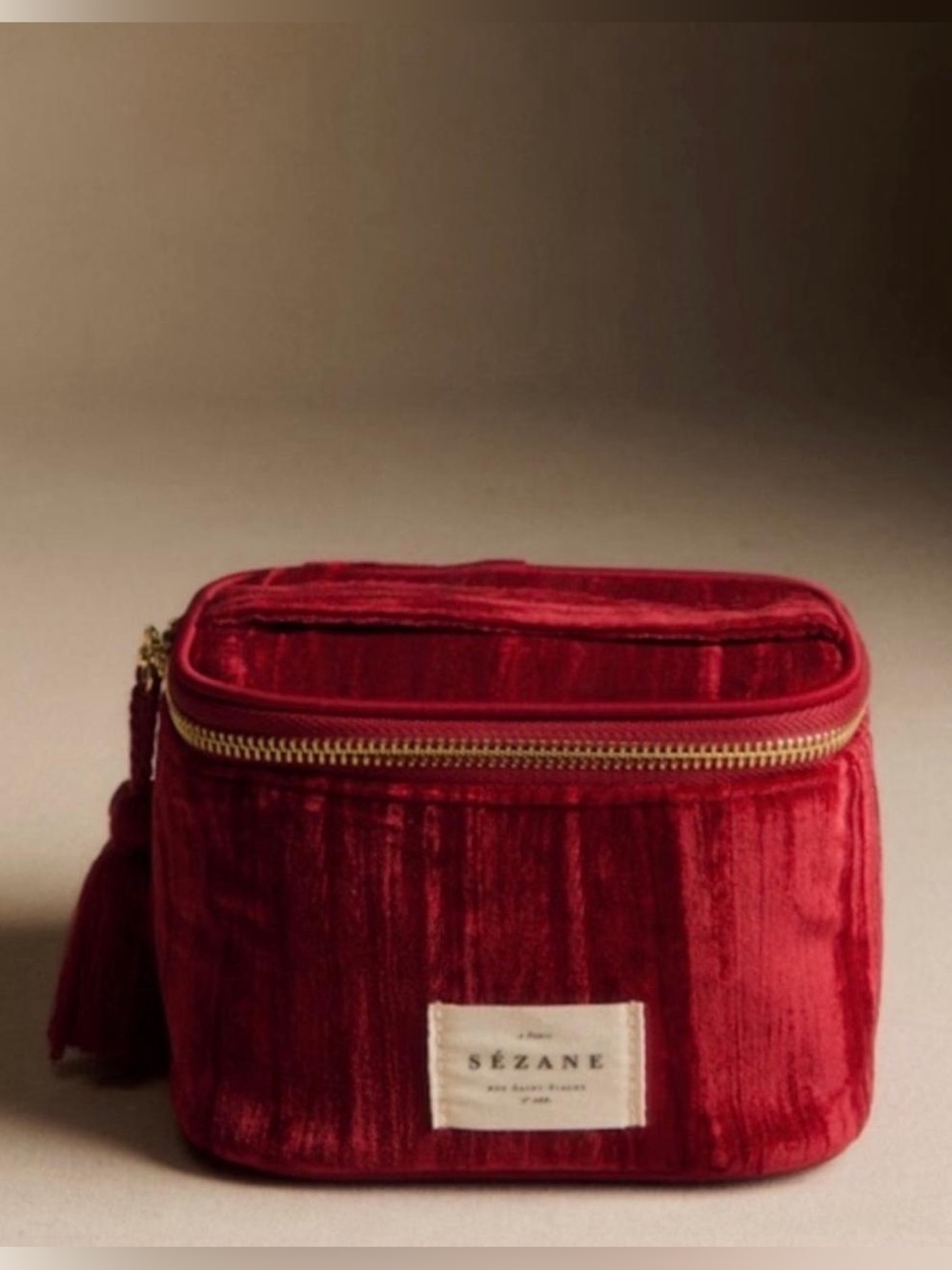 Sézane Mini Vanity Red Crushed Velvet Zip Cosmetic Makeup Case Tassel Zipper